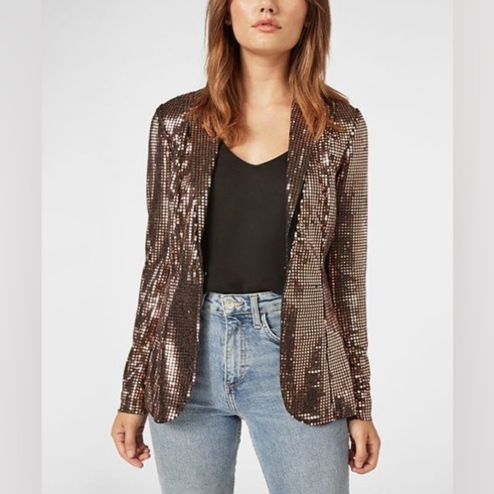 JustFab | Rose Gold Sequin Shawl-Collar Jacket - Blazer